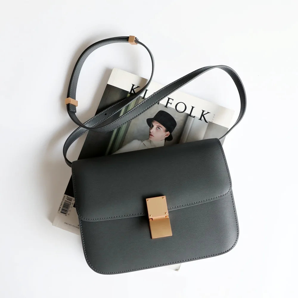 Split Leather Shoulder Bag Single Flap Lock — Black | KIMLUD