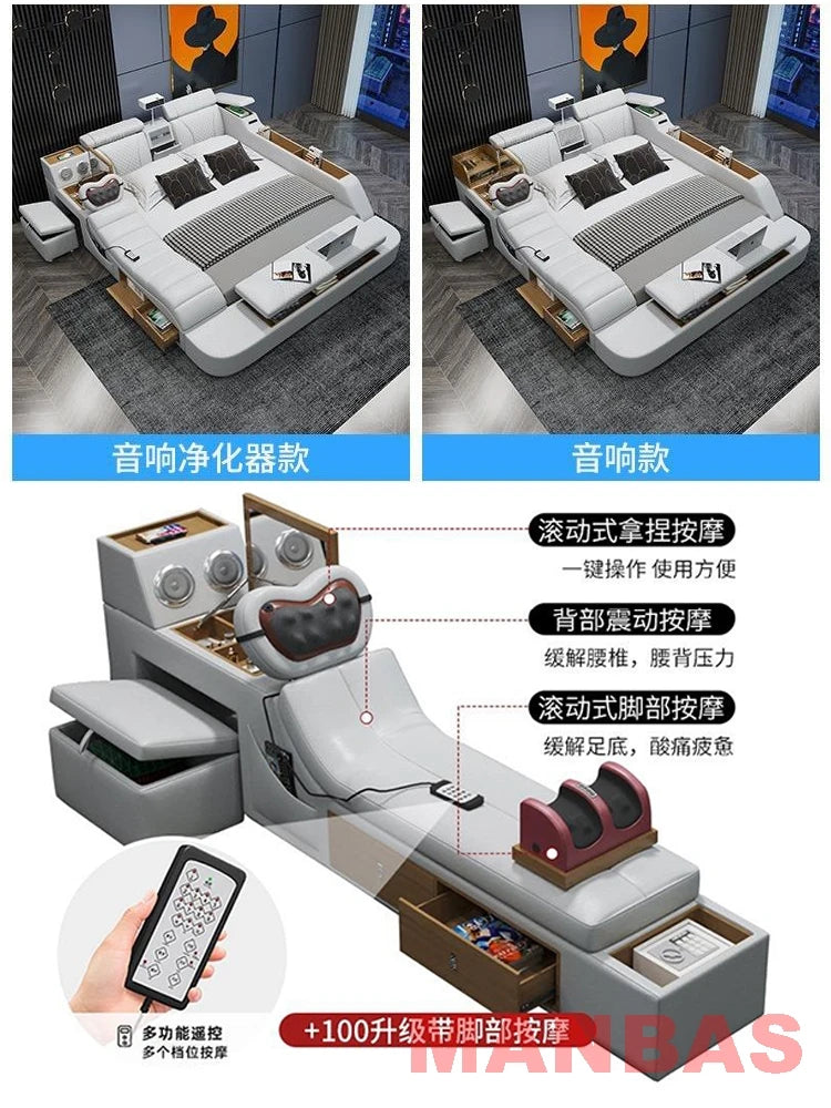 Genuine Leather Bed With Projector USB Speaker — White | KIMLUD