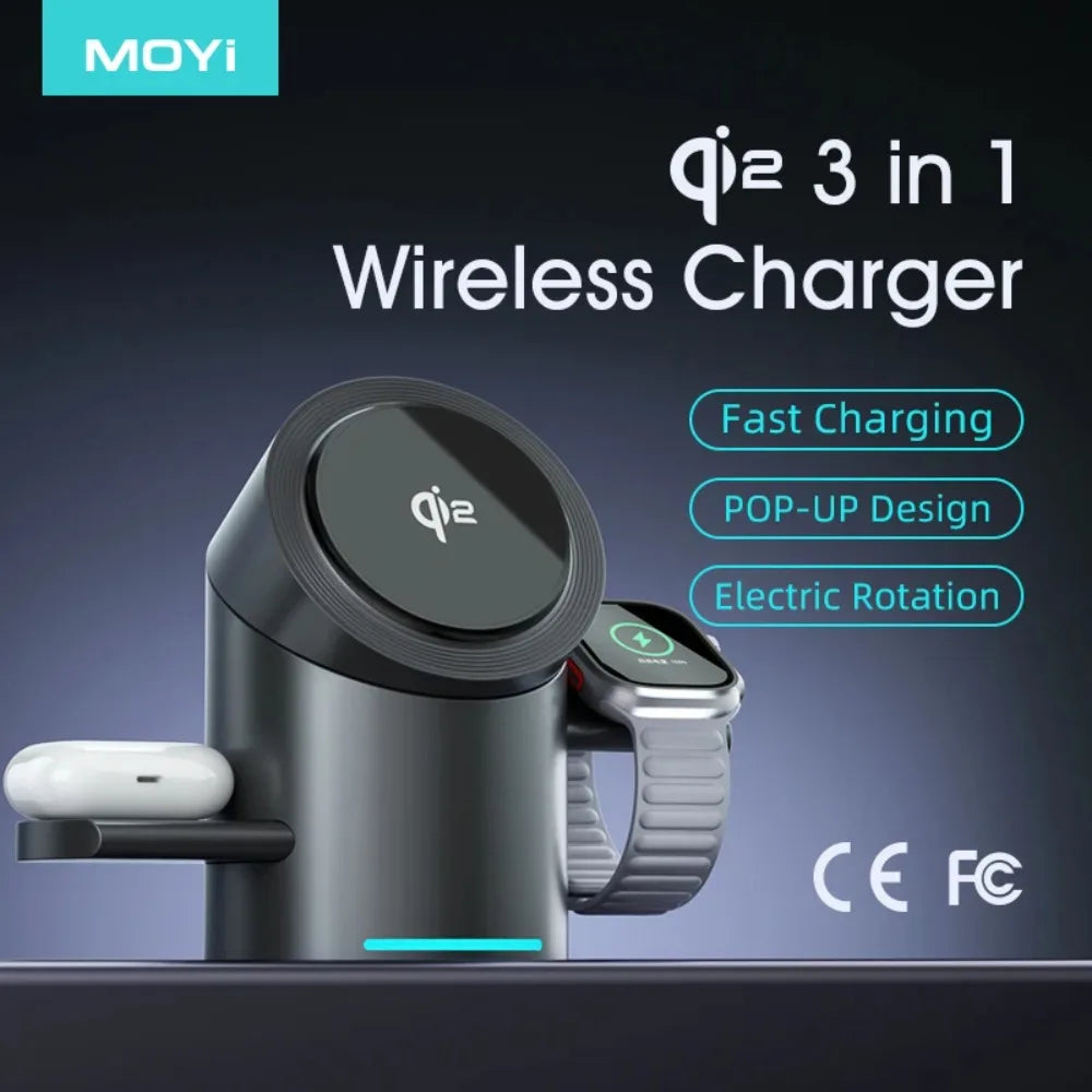 Qi2 3 in 1 15W Wireless Charger Touch Magnetic Roating Fast Charging Base for Iphone 14 16 15 Pro Max Desk Accessories Gifts