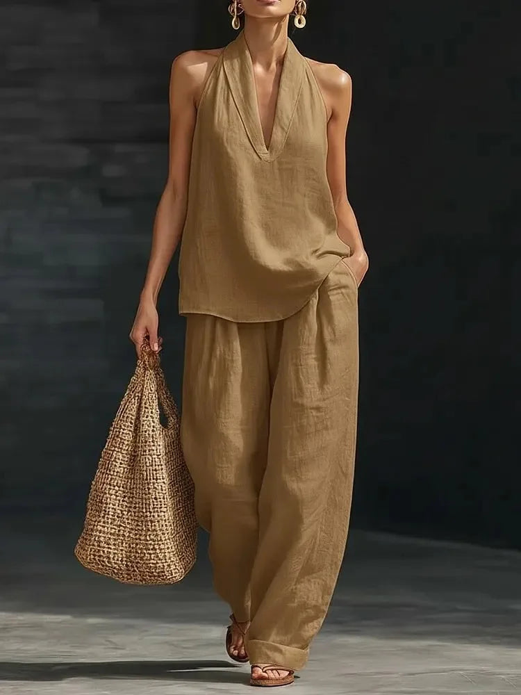 Two Piece Set – Sleeveless V Neck Top and Wide Leg Pants – Broadcloth | KIMLUD