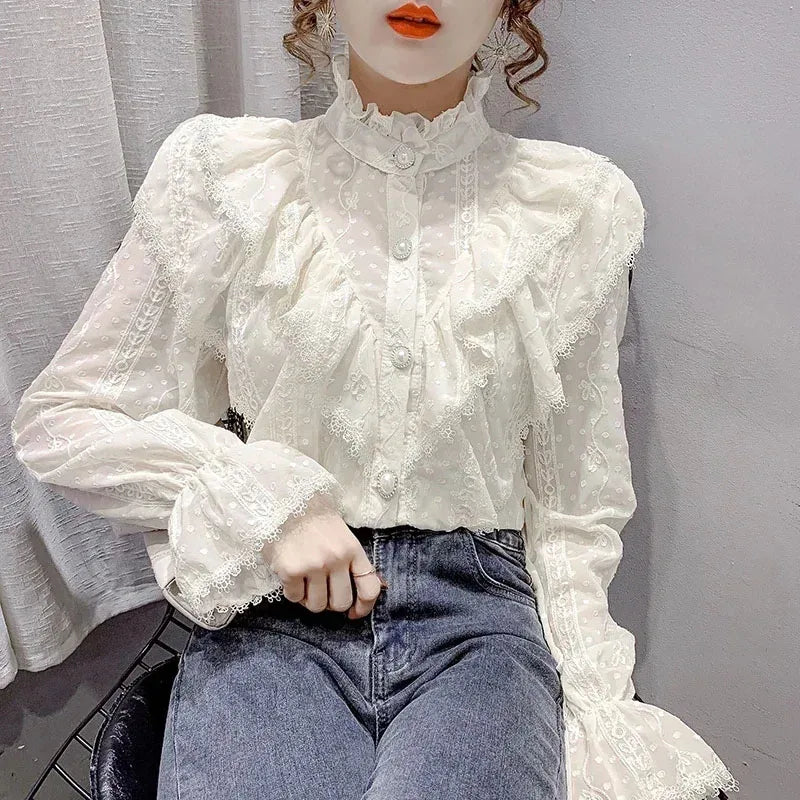Chiffon Blouse Stand Collar Lace — White Apricot | KIMLUD