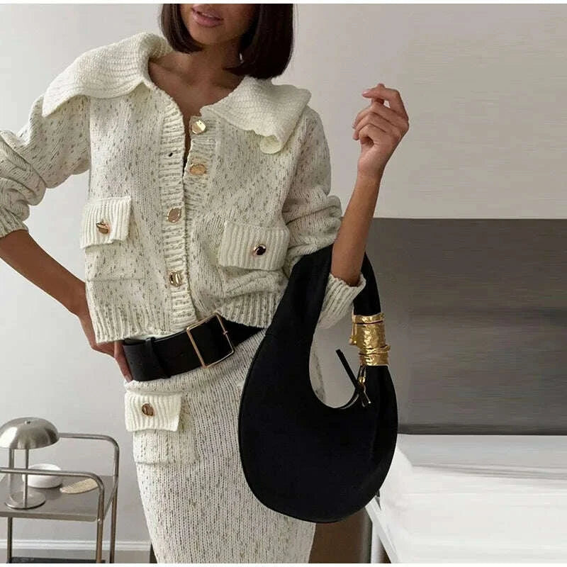 Fashion Knitted Long Skirts Sets Women Lapel Full Sleeve Single Breasted Sweater Hip Package Slim Skirt 2026 Spring Lady Outfits