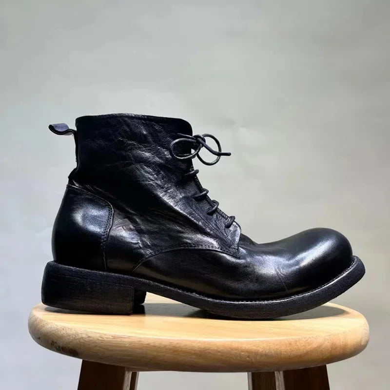 Washed Men's High Top Retro Leather Thick Soled High Rise Short Leather Boots GoodyearHorse Leather Shoes Worn