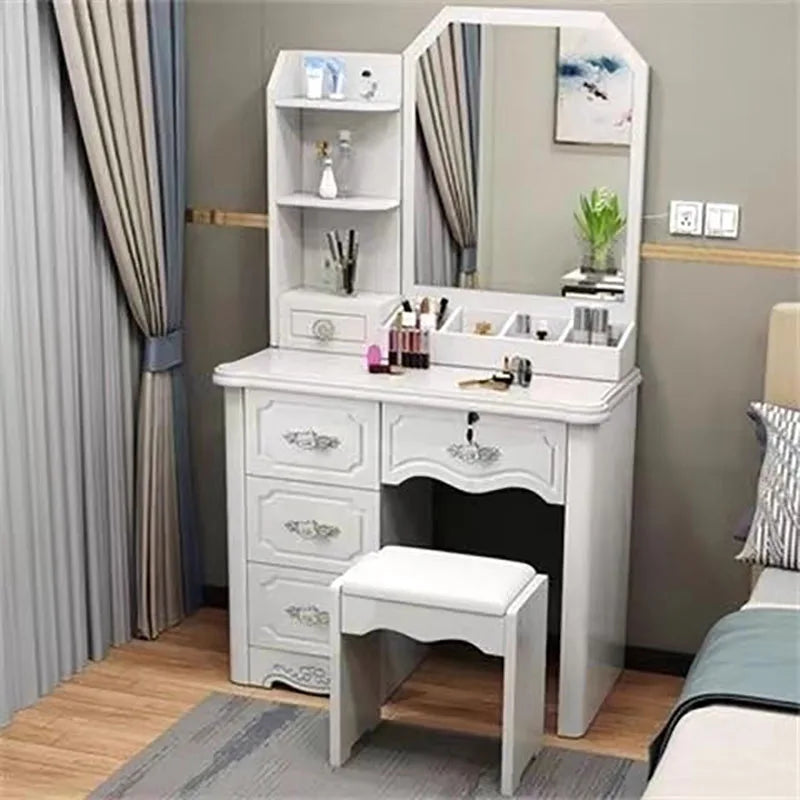 Satin Minimalist Vanity Table With Storage — White | KIMLUD