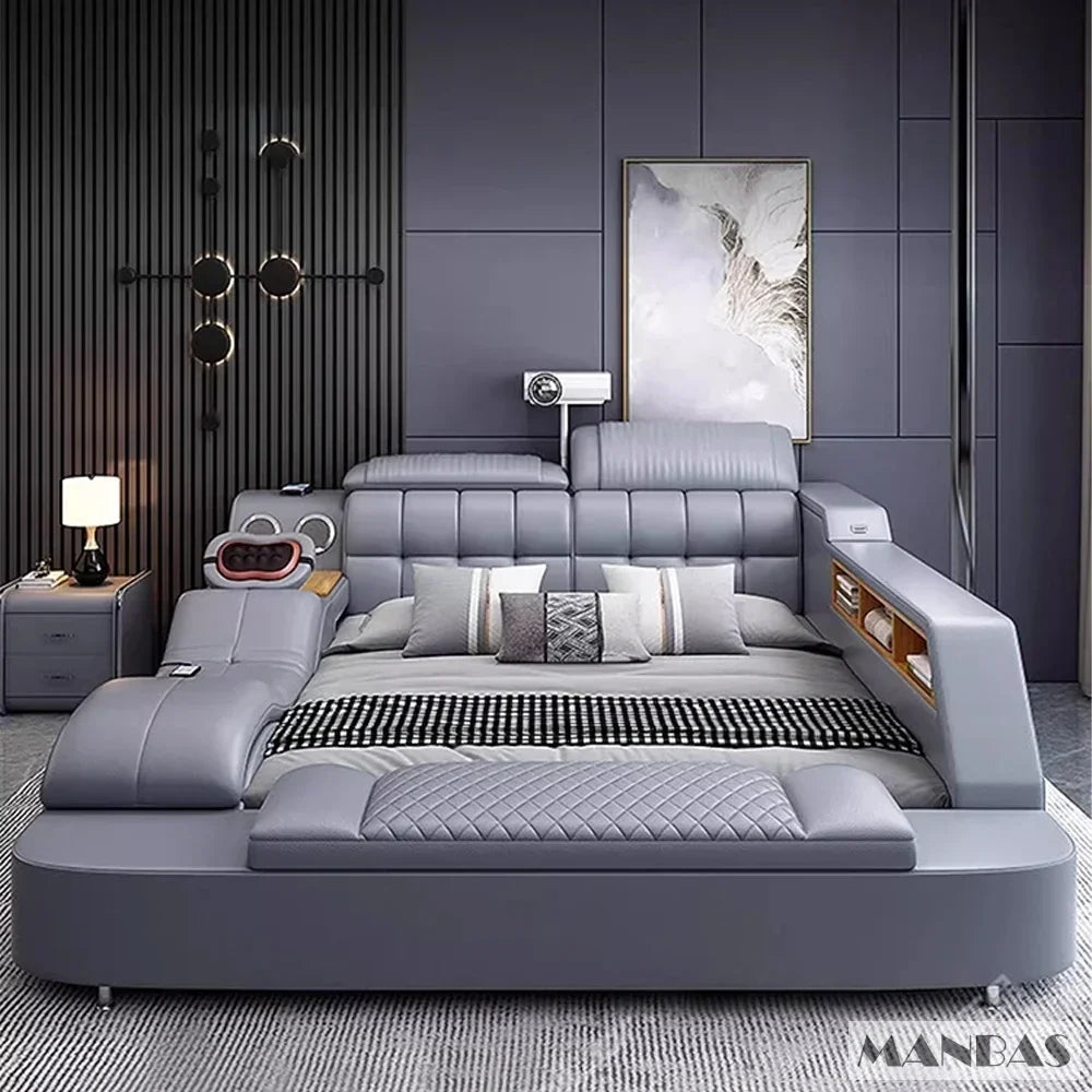Genuine Leather King-Size Bed With USB Massage — Graphite Gray | KIMLUD