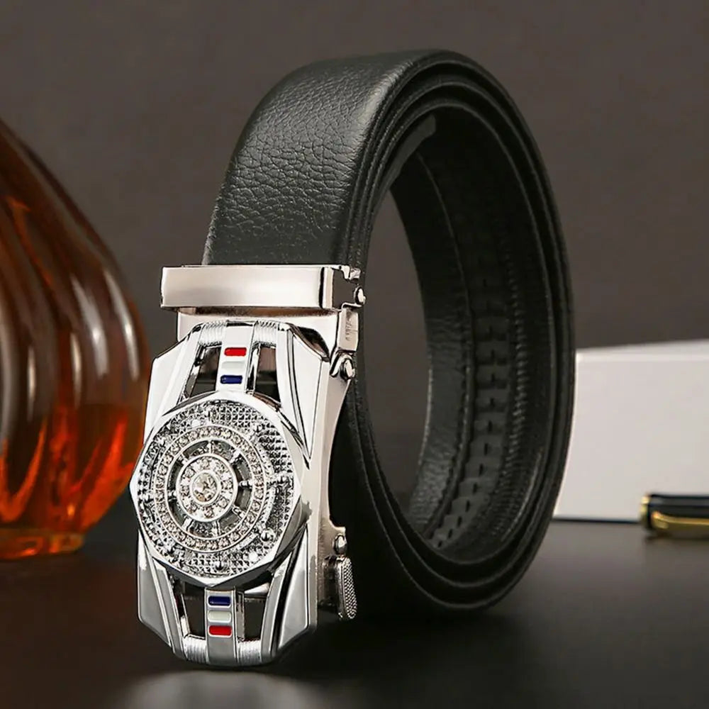Leather Belt Rhinestone Buckle Automatic — Black | KIMLUD