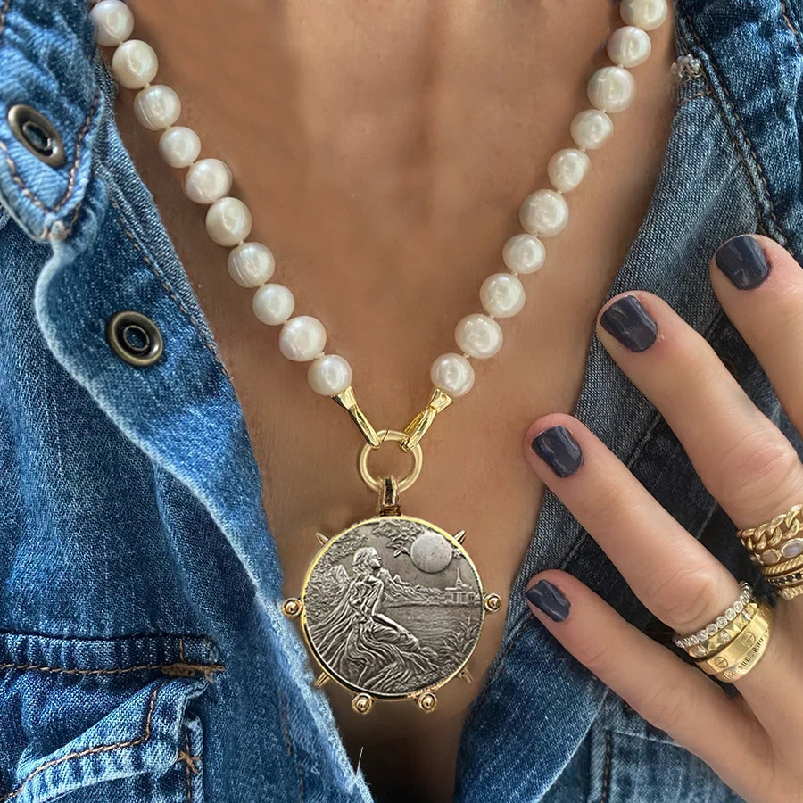 Pendant Necklace – Freshwater Pearl Coin Pendant – Choker – Turquoise | KIMLUD