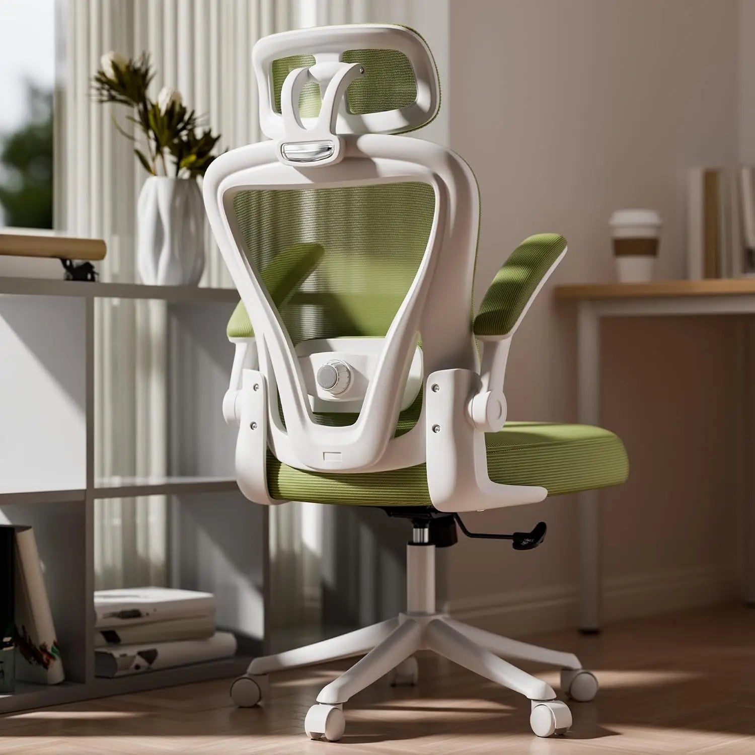 Mesh High Back Ergonomic Office Chair M903 With Wheels, Adjustable Lumbar Support — Ivory | KIMLUD