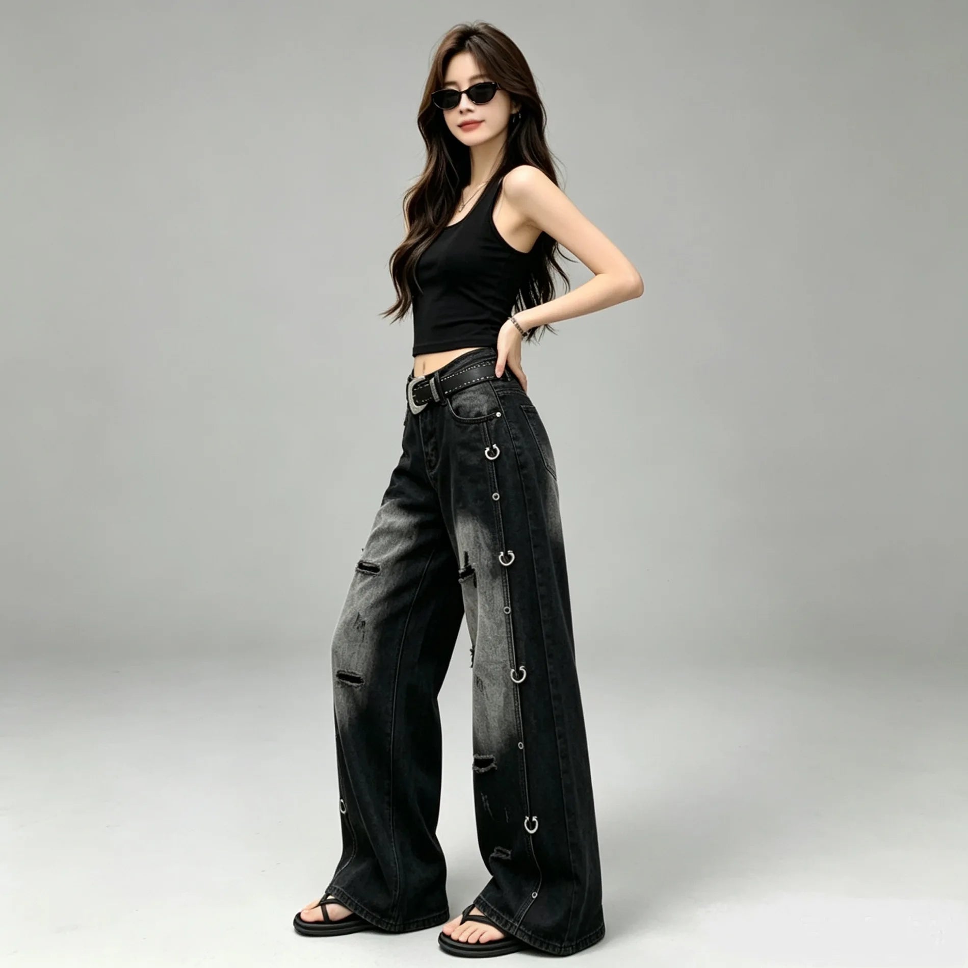 Rivet Washed Pants And Leggings Denim Wide Leg — Indigo | KIMLUD