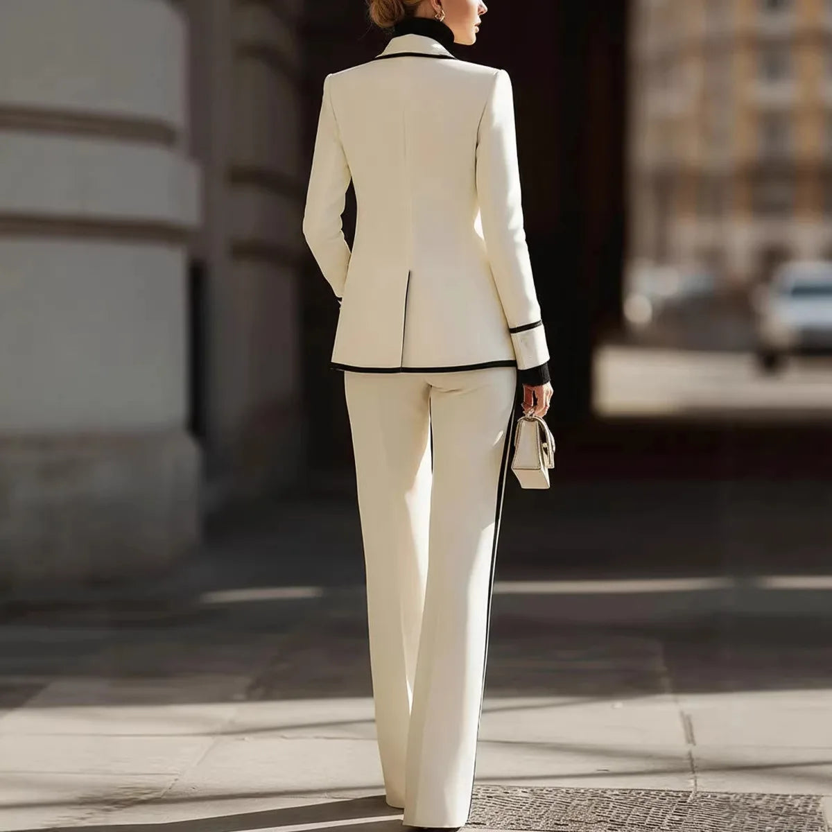 Laminated Polyester Suit Set With Lapel Double Breasted Finishes — White | KIMLUD