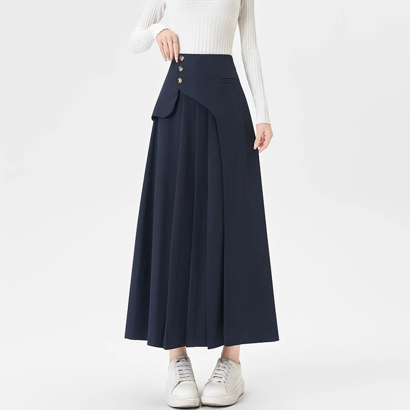 Grey Suiting Midi Skirts for Women High-Waisted A-Line Flare Skirt Perfect Hip-Camouflage Office Skirt for Autumn
