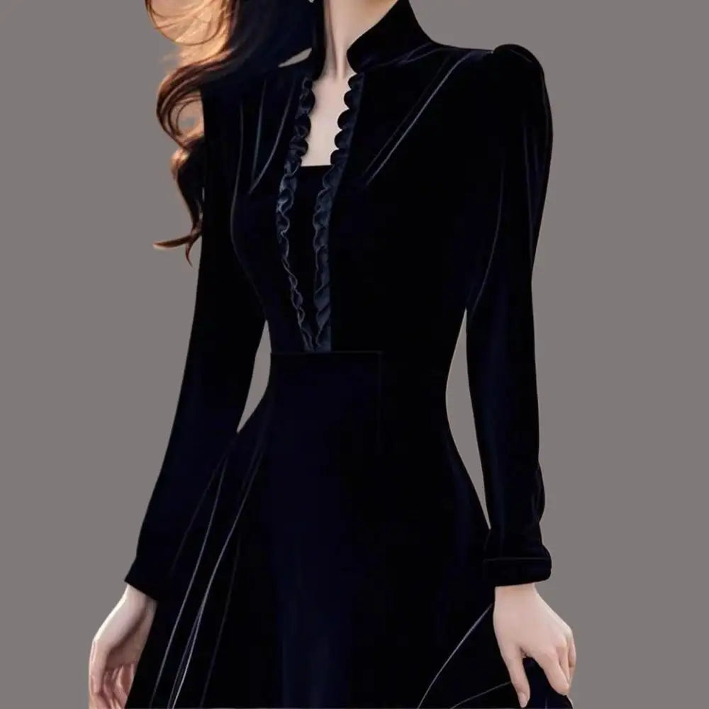 Velvet Midi Dress – Stand Collar Long Sleeve – Black | KIMLUD