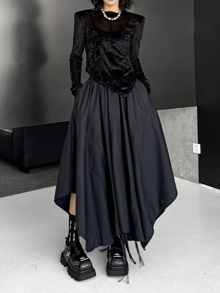 Skirt – Drawstring Waist – Irregular Hem – Cotton – Black | KIMLUD