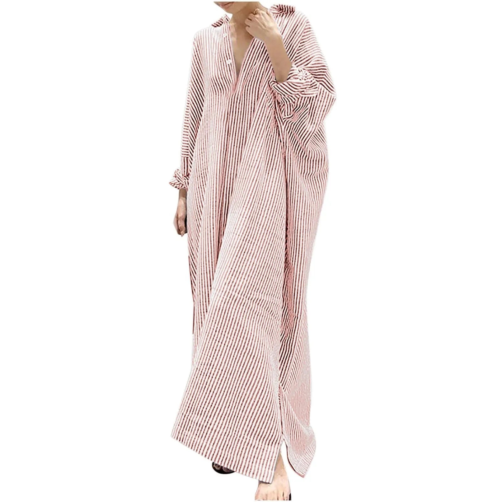 Cotton Maxi Dress Striped — Red and White | KIMLUD