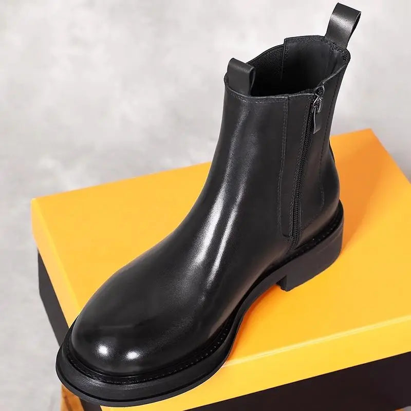 Leather Chelsea Boots Mid-Calf Round Toe — Black | KIMLUD