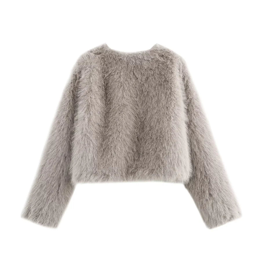 Faux fur jacket 2025 Fall/Winter New Fashion Women's Faux Fur Effect Round Neck Long Sleeve Short Jacket