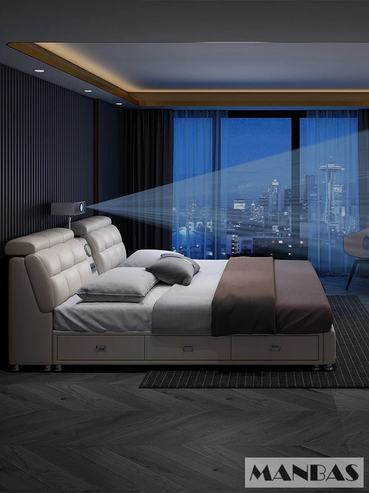 Genuine Leather Bed Frame Smart Multifunctional Tech — Ivory | KIMLUD