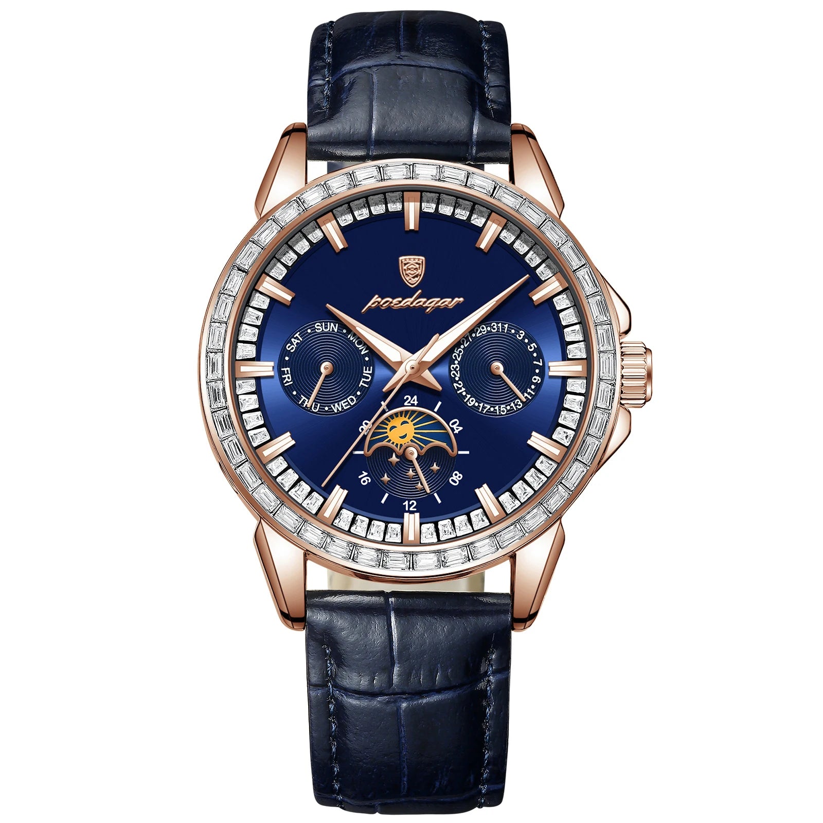 POEDAGAR Luxury Diamond Wristwatch For Men Date Week Waterproof Luminous Man Watch Fashion Business Leather Men's Quartz Watches