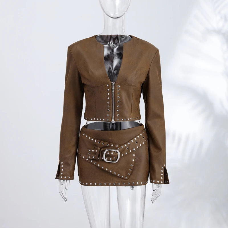 Jacket Skirt Set - Studded Trim - Cropped Zip-Up - Women | KIMLUD
