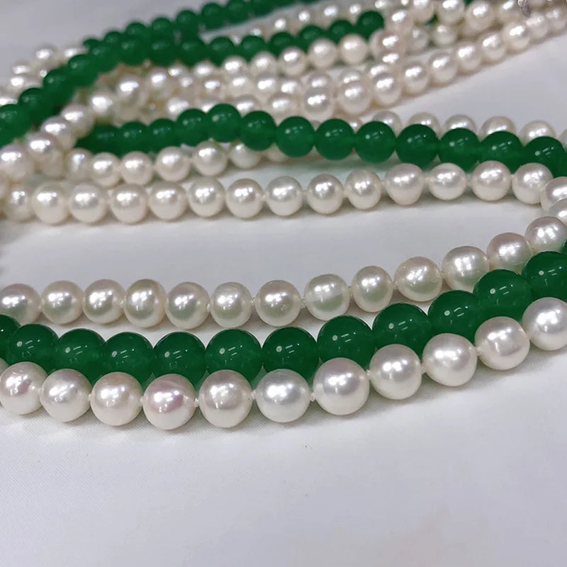 3rows  freshwater pearl white near round 7-8mm &green jade round necklace 80cm