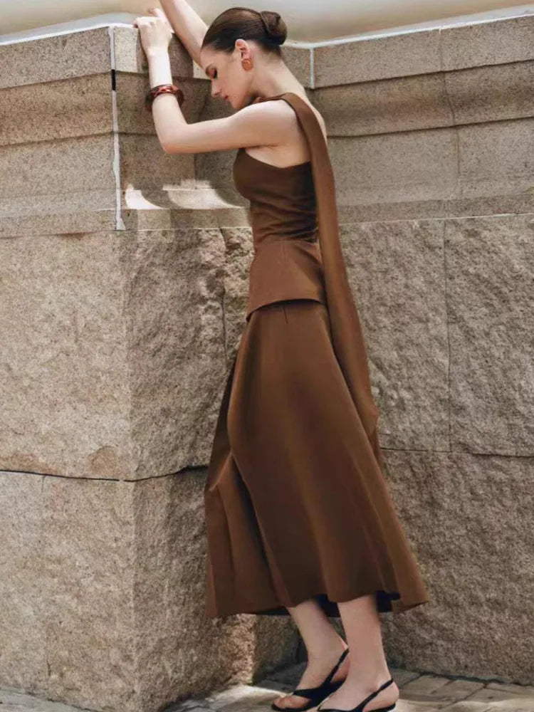 Eshin Luxury Brown Two-Piece Set Women Elegant One-Shoulder Peplum Top And High-Waisted Maxi Skirt With Sash Dubai SA1471