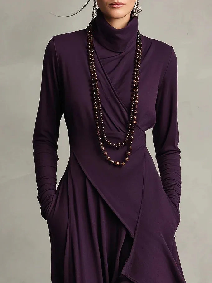 Dresses Cross Turtleneck A-Line Slim Fit — Solid Color | KIMLUD