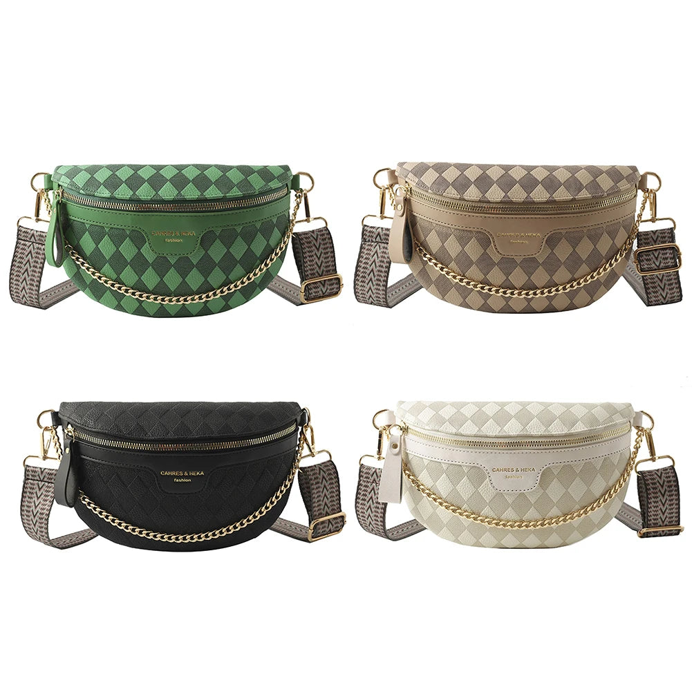 Rhombic Lattice Female Sling Waist Pack Fashion Chain Sports Satchel Casual PU Leather Portable Wide Strap for Weekend Vacation