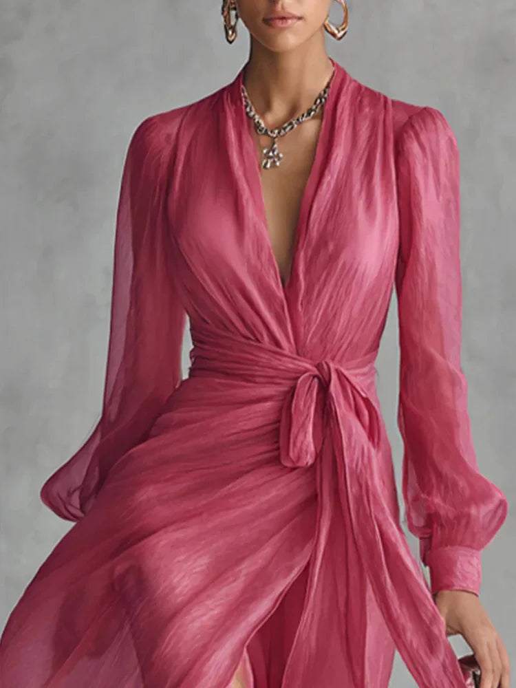 Maxi Dress – V Neck Lace-Up Detail – Polyester Silhouette – Solid Color | KIMLUD