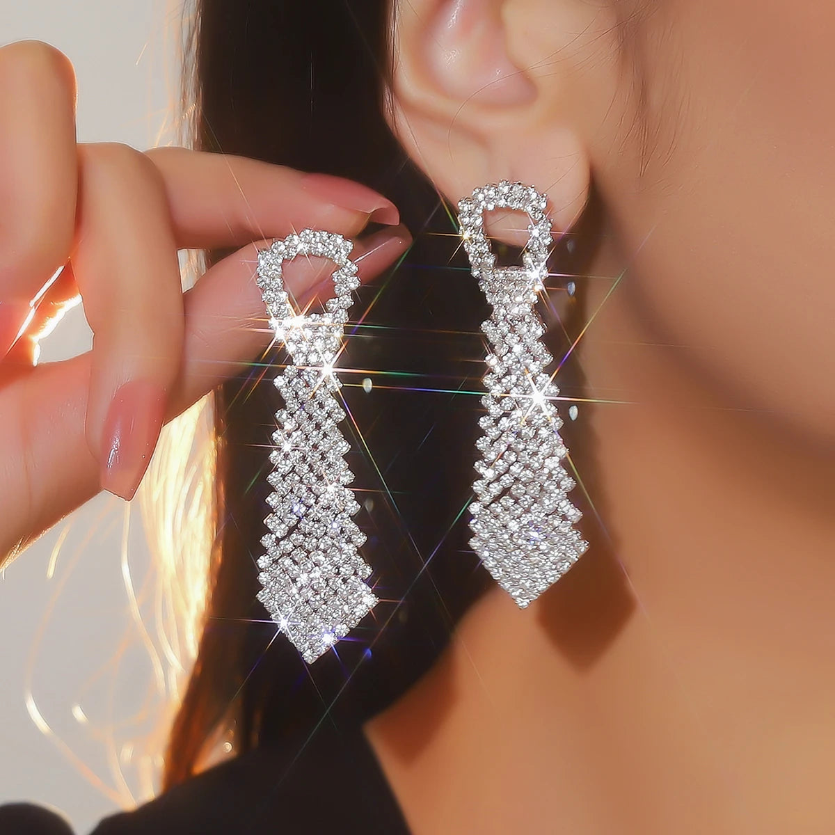 Silver Rhinestones Earrings for Women Sparkly Long Linear Dangle Earrings Dangle Tassels Statement Earrings Bridal Wedding