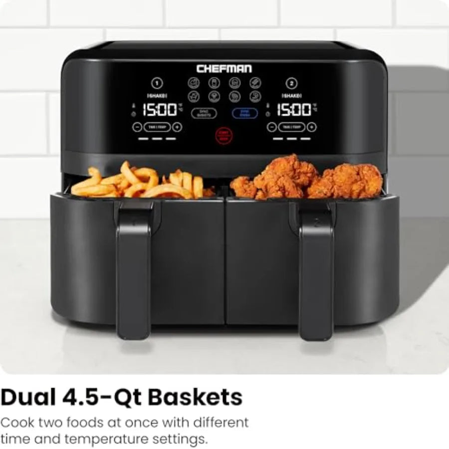 Stainless Steel Exterior Dual Air Fryer Double Basket — Matte Black | KIMLUD