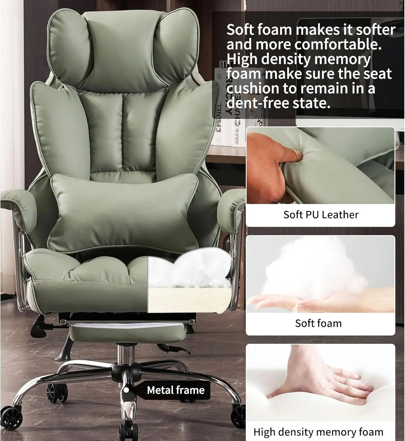 Heavy-Duty Executive Office Chair with Footrest, 400lbs Capacity, Reclining Backrest, Light Green Leather