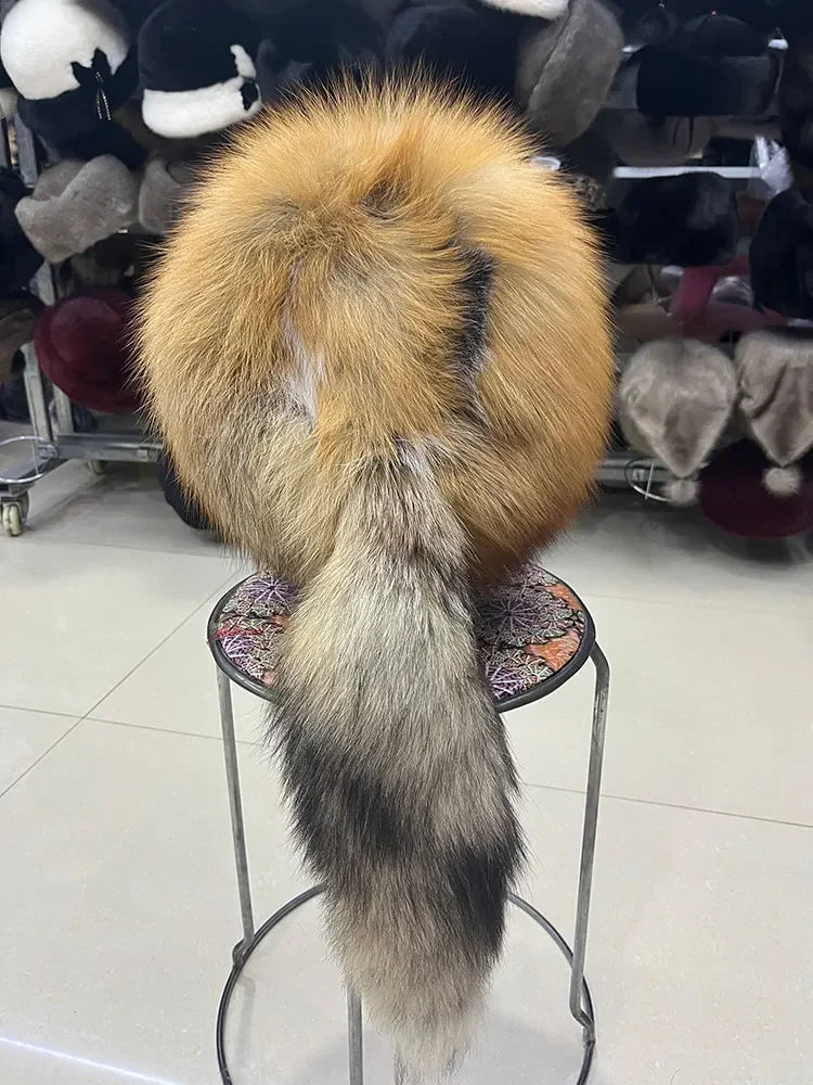 Winter Fur Women Hat with Tail Real Fox Fur Hat Luxury Raccoon Fur Beanies Warm Ear Protect Unisex Bomber Hat Wholesale Bonnets