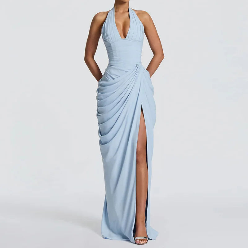 Patchwork Maxi Dress – Halter Backless – Polyester | KIMLUD
