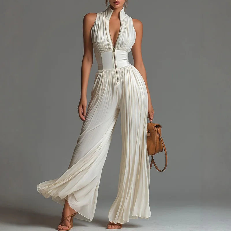 Chiffon Sleeveless Jumpsuit High Waist Pleated Wide Leg Solid — Ivory | KIMLUD