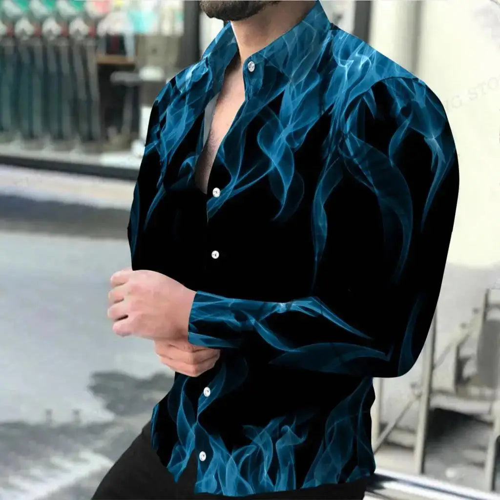 Polyester Flame Print Shirt Long-Sleeve Turn-Down Collar Button-Front — Black | KIMLUD
