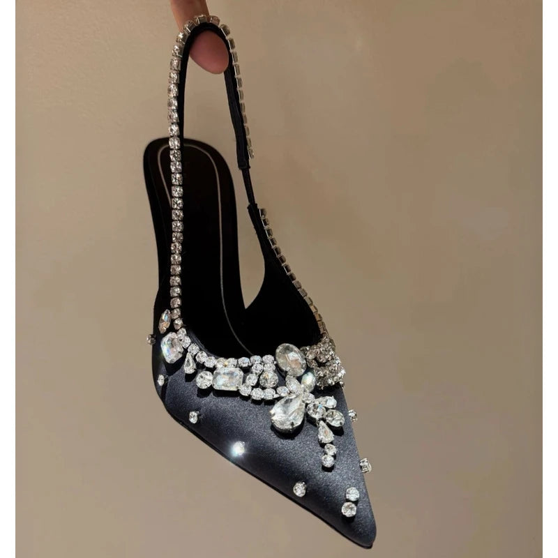 Dresses Satin Pointy Toe Heels With Rhinestones — Silver | KIMLUD