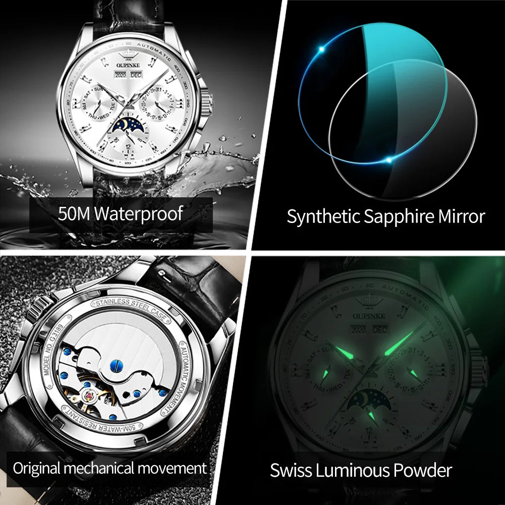 Leather Strap Automatic Watch Moon Phase Chronograph — Silver | KIMLUD