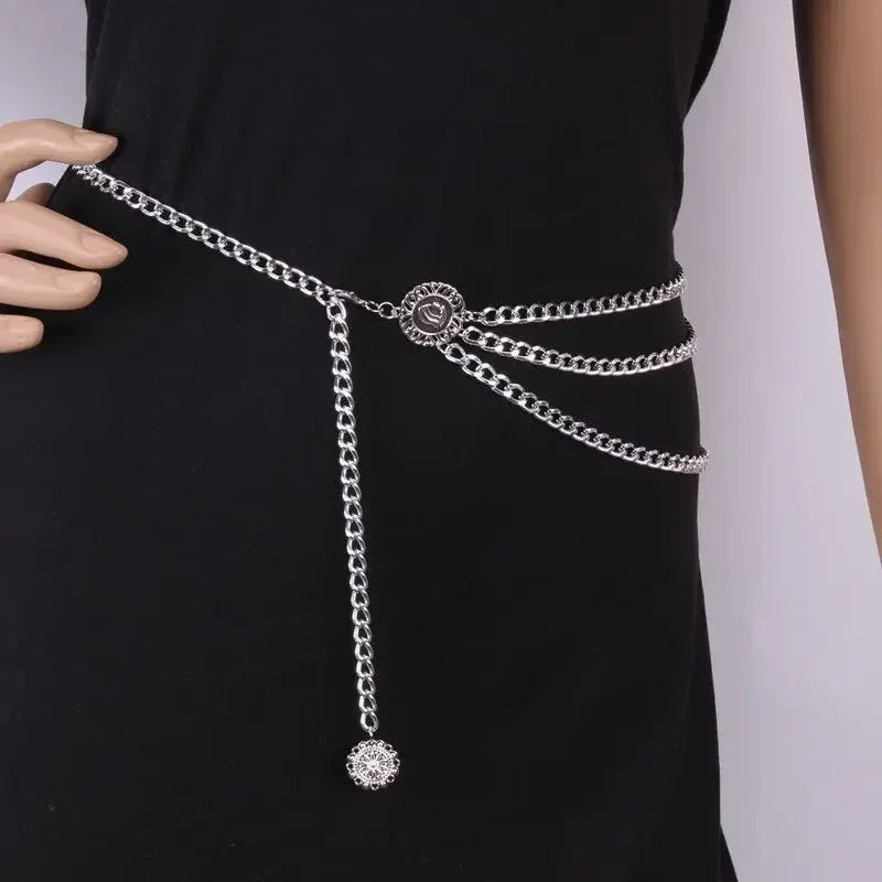 Metal Punk Hip Hop Waist Chain Multilayer With Long Tassel Coin Pendant — Silver | KIMLUD