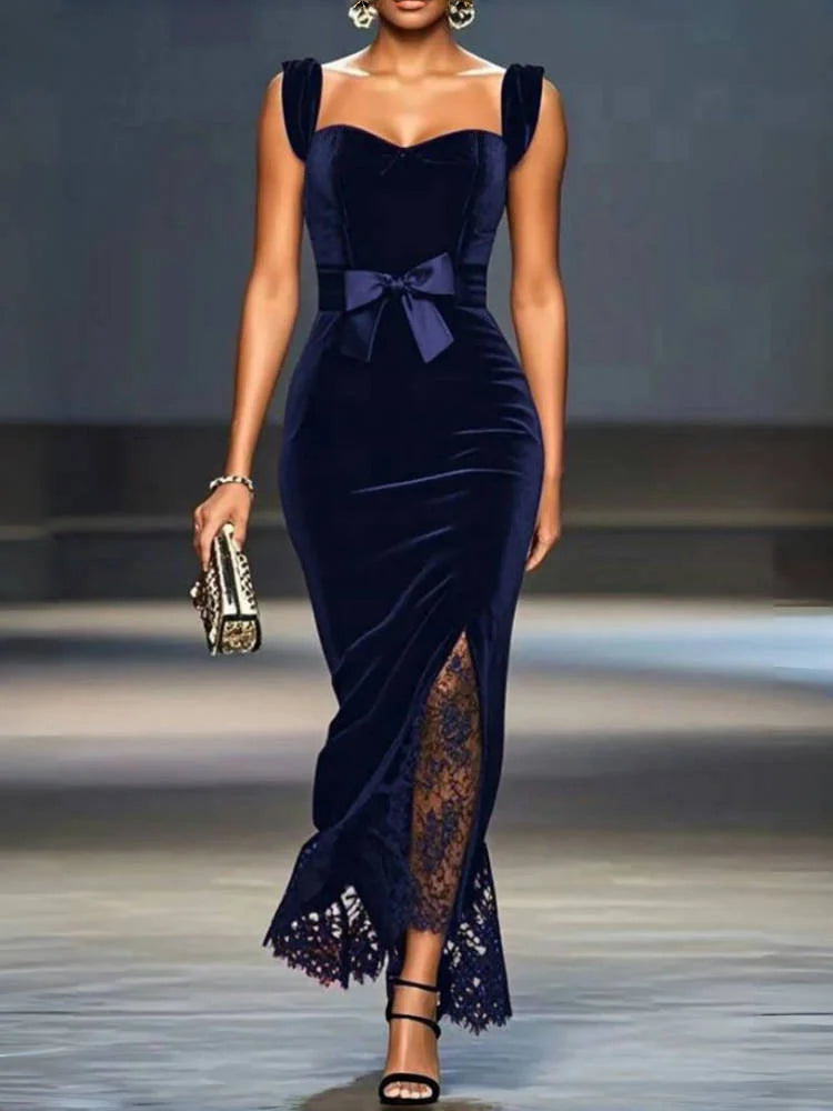 Sexy Evening Dresses Spaghetti Strap Bow Lace Splicing Ankle-Length Straight Slit Prom Dresses Banquet Cocktail Party Dresses