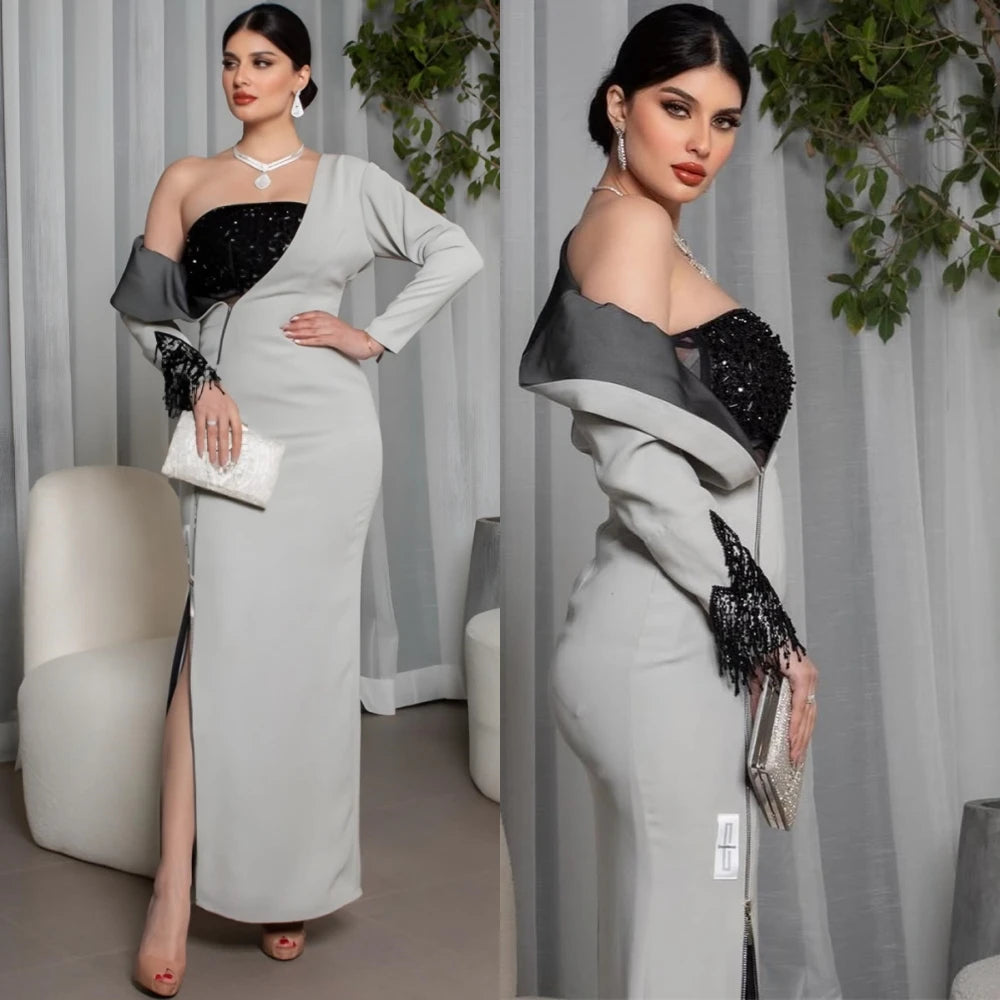 Jersey Evening Dress Beaded Square Collar Long Sleeves — Soft Dove Grey | KIMLUD