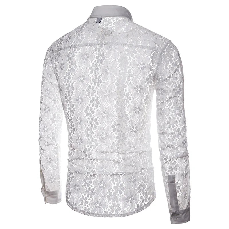 Lace Embroidered Sheer Long Sleeve Shirt With Floral Details — Black | KIMLUD