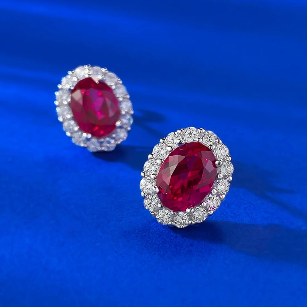 Sterling Silver Stud Earrings Oval Cut Ruby Sapphire — Multicolor | KIMLUD