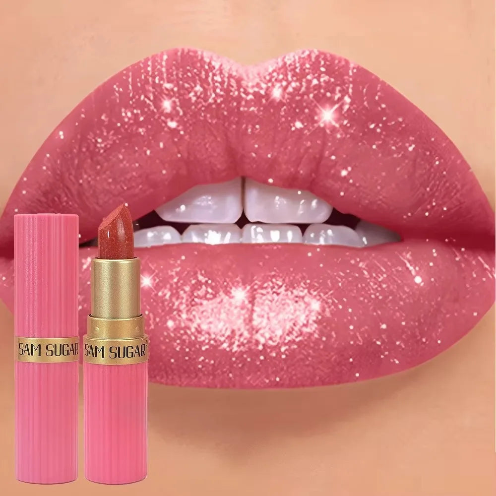 6 Colors Gold Bar Tube Lipstick Diamond Pearlescent Glitter Gold Pink Lips Stick Long-Lasting Non-Sticky High-Shine Makeup