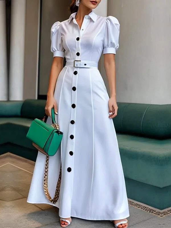 Modigirl 2025 New Womens Summer Shirt Dress with Belt  White Green Short Sleeve Eelegant Long Dresses Clothing for Woman