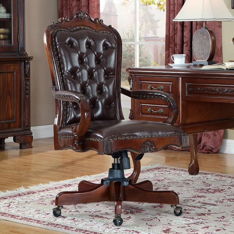 12American Genuine Leather Retro Carved Solid Wood Swivel Chair Office Chair Lift