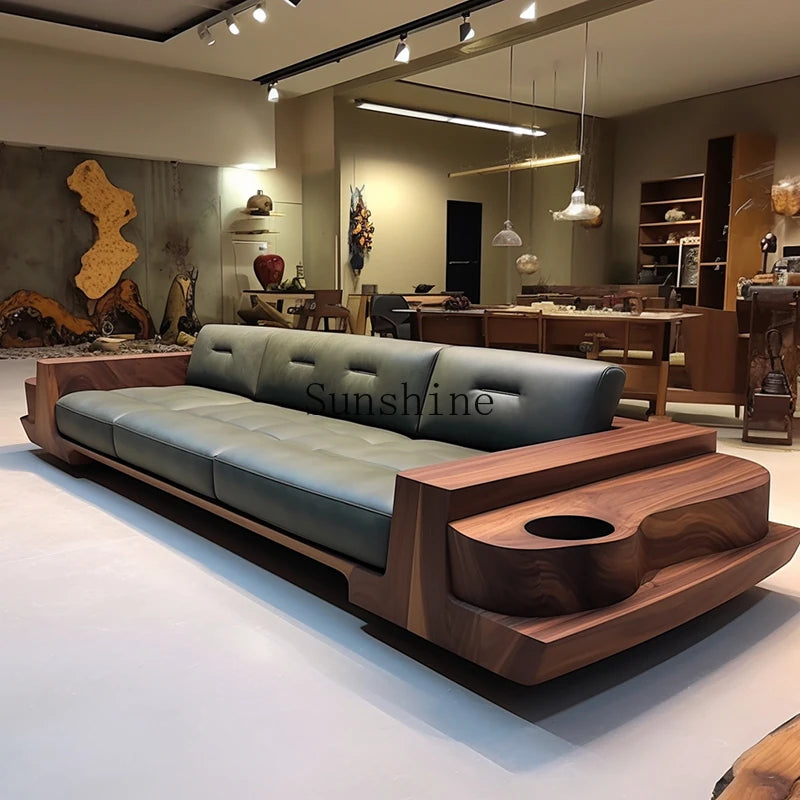 Chinese-Style Ash Wood Sofa Sculptural Frame — Sage Green | KIMLUD