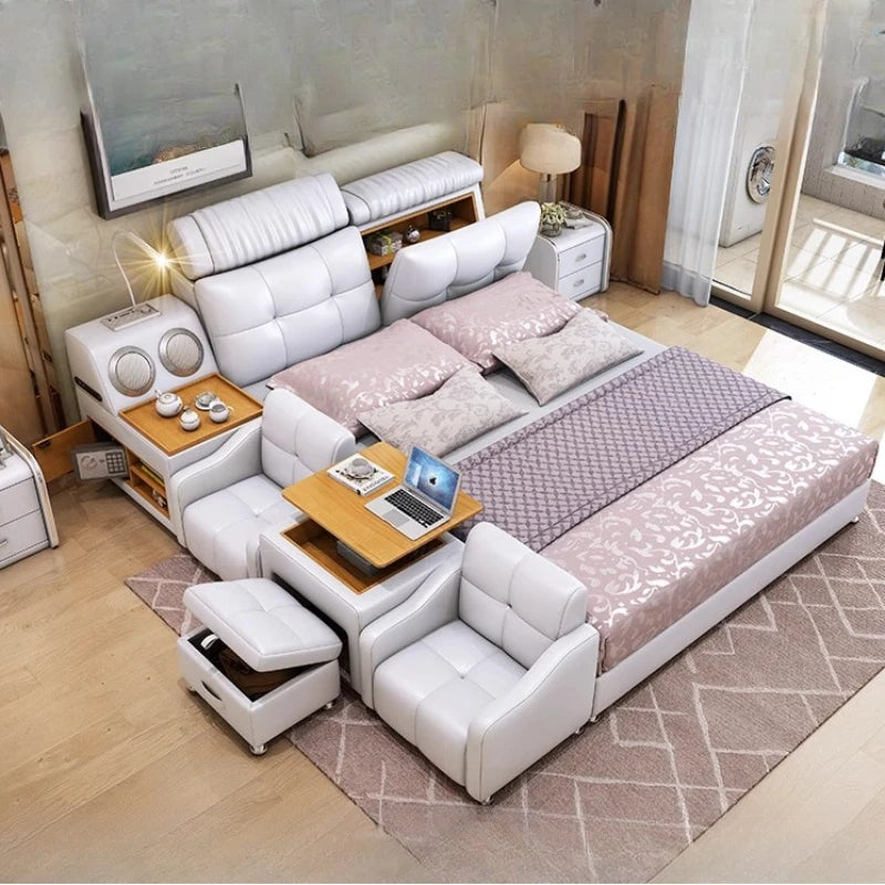 Upholstered Bed With Storage And Integrated Headboard In Minimalist Modern Silhouette — Ivory White | KIMLUD