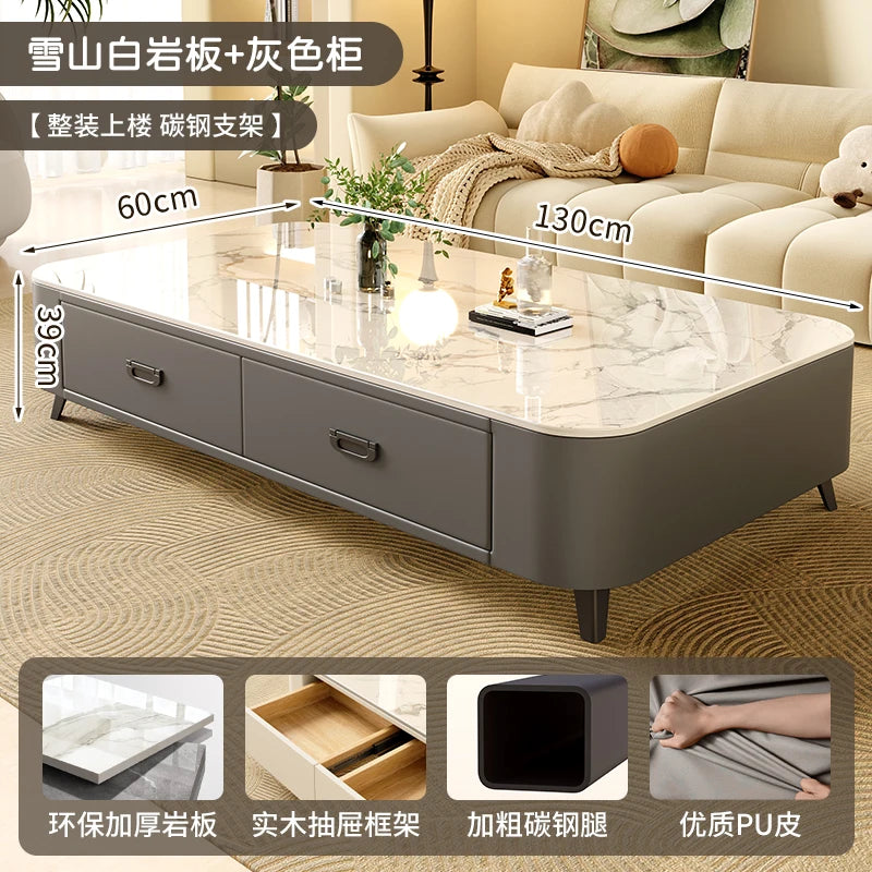 Rock-Slab Coffee Table With Wooden Frame — White | KIMLUD