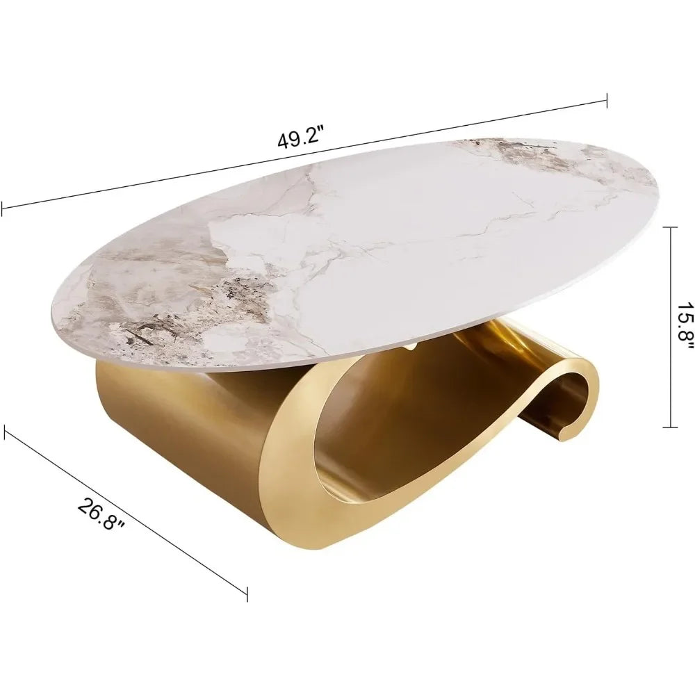 Faux Marble Oval Coffee Table White Veined Top, Gold Base — Gold | KIMLUD