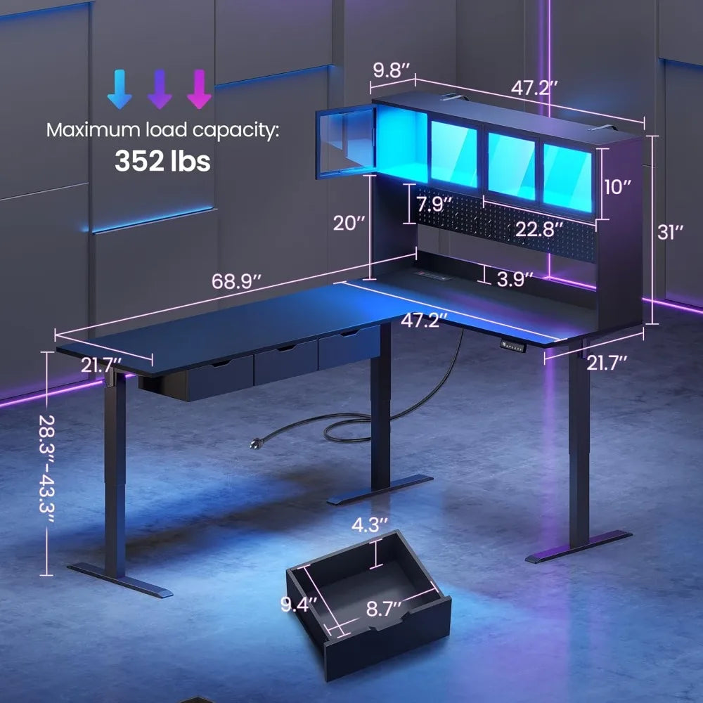 SEDETA 68.9 Standing L Shaped Gaming Desk, Office Computer Desk with Storage Hutch and Drawers, Stand Up Corner Desk with Pegboa